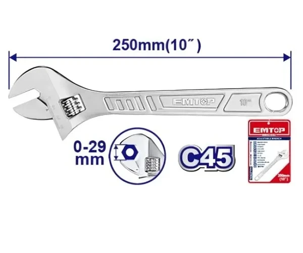 EMTOP 10 Inch Adjustable Wrench EAWH131022 Durable Steel Construction with Comfortable Non Slip Grip Ideal for Plumbing Mechanical Repairs and General Maintenance - Emtop