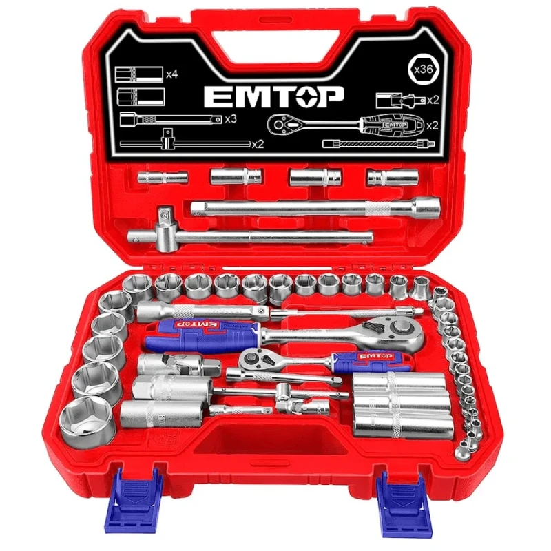 EMTOP ESKT42511 51 Piece 1/4 Inch and 1/2 Inch Socket Set Premium Chrome Vanadium Steel Construction Organized in Durable Carrying Case for Mechanics and DIY Projects - Emtop