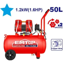 ضاغط هواء هادئ إيمتوب 50 لتر EACPS16502 بدون زيت – كمبروسر هواء كهربائي منخفض الضوضاء للورش والصيانة والنفخ وتشغيل الأدوات الهوائية، تصميم عملي باللون الأحمر