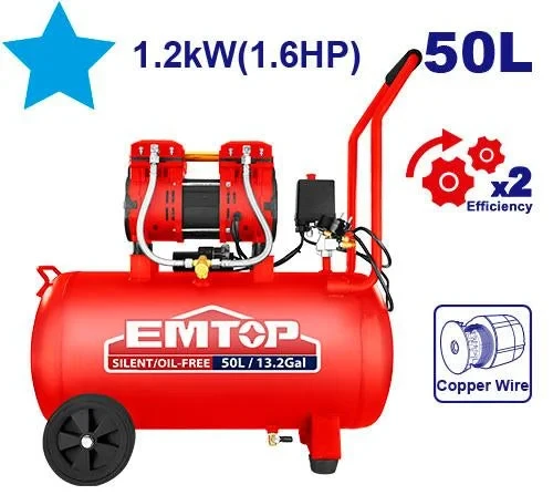 ضاغط هواء هادئ إيمتوب 50 لتر EACPS16502 بدون زيت – كمبروسر هواء كهربائي منخفض الضوضاء للورش والصيانة والنفخ وتشغيل الأدوات الهوائية، تصميم عملي باللون الأحمر - إيمتوب