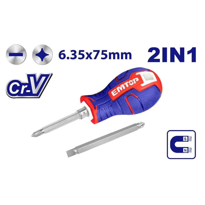 EMTOP 2-in-1 Screwdriver Set ESDRH0201 with 30" CR-V Blade and Black and Two-Color TPR Handle – noire et vernis TPR deux couleurs - Emtop