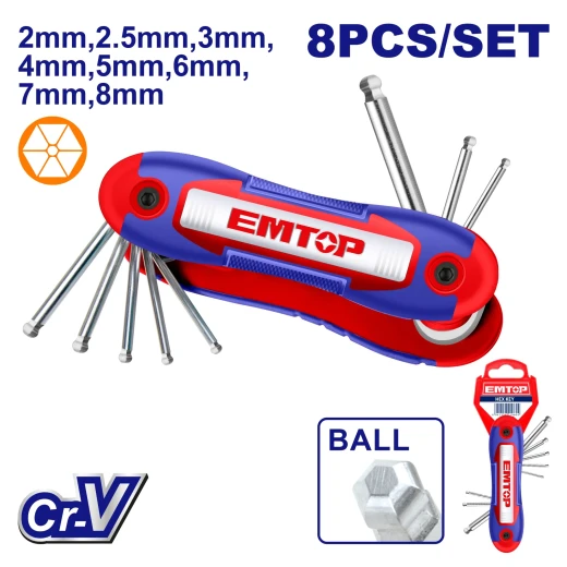 Emtop 8Pcs Ball Point Folding Allen Wrench Set Cr-V 2-8Mm Ehky4082 Emtop 8Pcs Ball Point Folding Allen Wrench Set Cr-V 2-8Mm Ehky4082