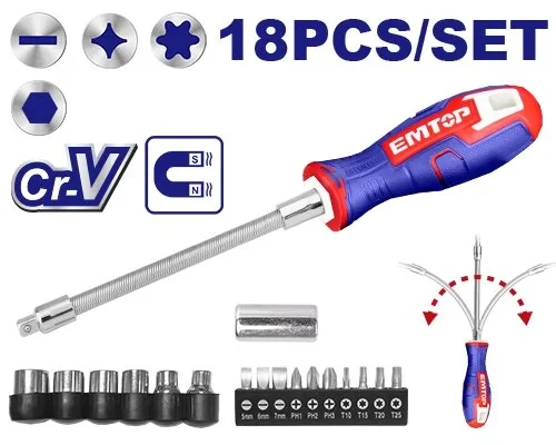 |EMTOP ESSTFL1802 18-Piece Flexible Screwdriver Set – Cr-V Steel Screwdrivers with Magnetic Bits, Multi-Purpose Hand Tool Kit for Reaching Tight Spaces, Assembly, Repair, Maintenance & DIY Applications |EMTOP ESSTFL1802 18-Piece Flexible Screwdriver Set – Cr-V Steel Screwdrivers with Magnetic Bits, Multi-Purpose Hand Tool Kit for Reaching Tight Spaces, Assembly, Repair, Maintenance & DIY Applications