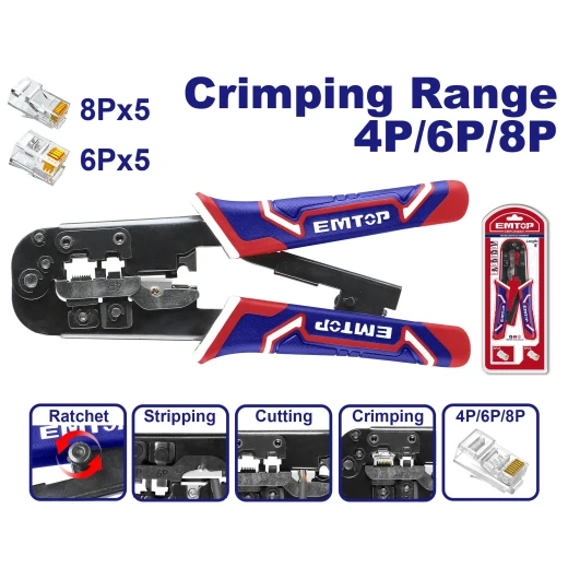 EMTOP EMPCR46801 8-Inch Network Crimping Tool with Wire Stripping & Cutting Functions – Multi-Purpose Crimper for 4P, 6P & 8P Connectors, Ideal for Network Installation, Cable Repair & Maint EMTOP EMPCR46801 8-Inch Network Crimping Tool with Wire Stripping & Cutting Functions – Multi-Purpose Crimper for 4P, 6P & 8P Connectors, Ideal for Network Installation, Cable Repair & Maint