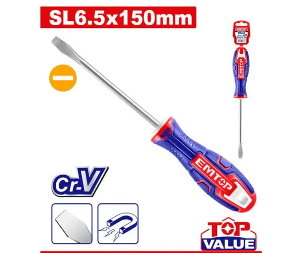 EMTOP ESDRSL6150 6.5mm Slotted Screwdriver – 150mm Shaft, Chrome Vanadium Steel Blade, Durable Precision Hand Tool for Assembly, Repair, Maintenance, Workshop & DIY Applicat - Emtop