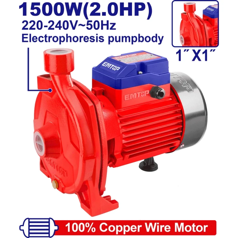 مضخة مياه طرد مركزي إيمتوب 1500 واط 2 حصان EWPPC15001 مقاس 1 إنش – ارتفاع ضخ 45 متر ومعدل تدفق 140 لتر/دقيقة، مضخة كهربائية للري وضخ وتزويد المياه - إيمتوب