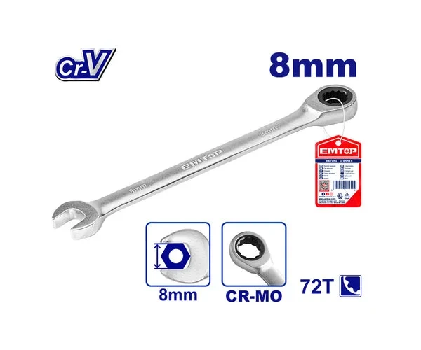 EMTOP 8mm Double Open End Ratcheting Ring Spanner ECSPAR081 Combination Wrench with 72 Tooth Ratchet Mechanism Chrome Vanadium Steel for Mechanics and DIY - Emtop
