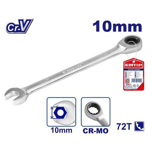 EMTOP ECSPAR101 10mm Industrial Ratcheting Combination Wrench Chrome Vanadium Steel Construction 72 Tooth Mechanism for Mechanics and Professional DIY Repair EMTOP ECSPAR101 10mm Industrial Ratcheting Combination Wrench Chrome Vanadium Steel Construction 72 Tooth Mechanism for Mechanics and Professional DIY Repair
