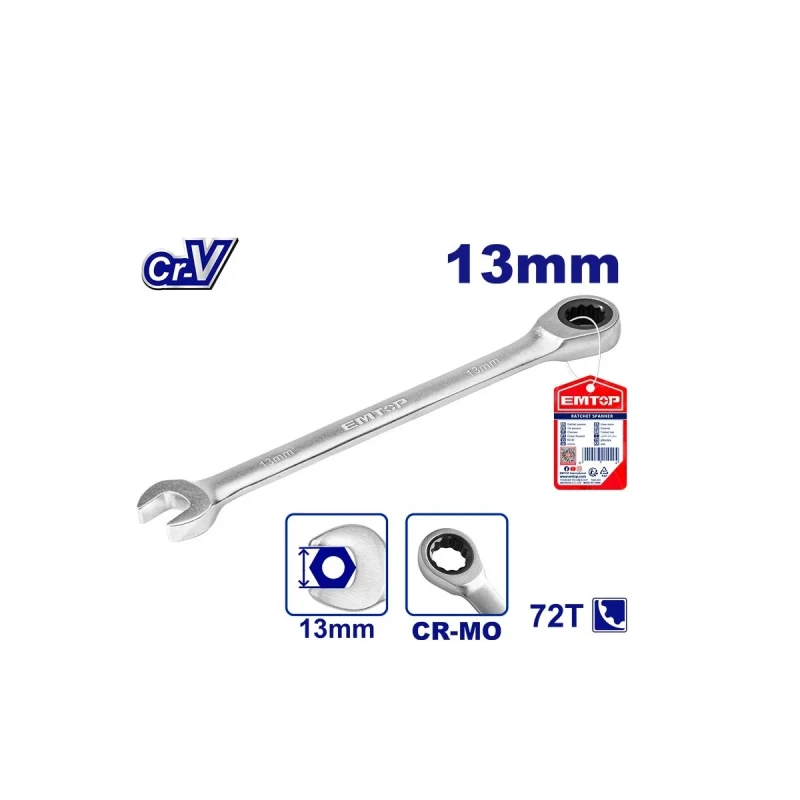EMTOP ECSPAR131 13mm 12-Point Ratchet Offset Wrench Chrome Vanadium - Emtop