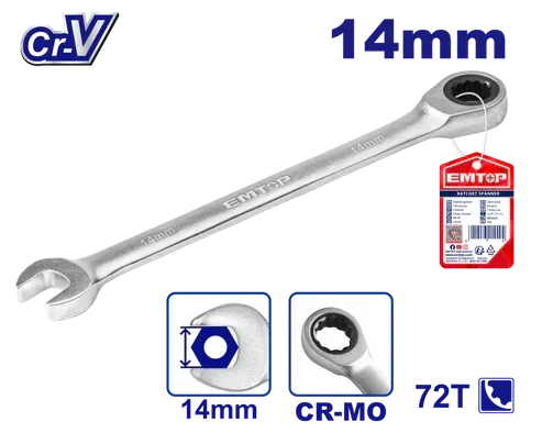 EMTOP ECSPAR141 14mm Ratcheting Combination Wrench Open End and 72 Tooth Ratchet Head Durable Chrome Vanadium Steel Construction Ideal for Mechanics and DIYers EMTOP ECSPAR141 14mm Ratcheting Combination Wrench Open End and 72 Tooth Ratchet Head Durable Chrome Vanadium Steel Construction Ideal for Mechanics and DIYers