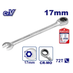 EMTOP ECSPAR171 17mm Ratcheting Combination Wrench Open End and 72 Tooth 12 Point Ratchet Head Durable Chrome Vanadium Steel Construction Ideal for Mechanics and DIYers