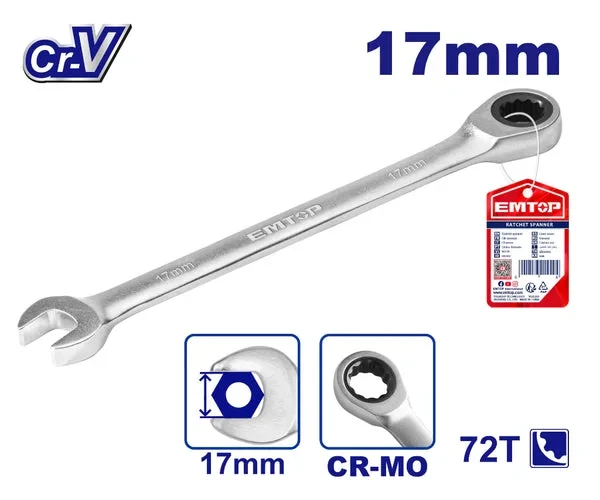 EMTOP ECSPAR171 17mm Ratcheting Combination Wrench Open End and 72 Tooth 12 Point Ratchet Head Durable Chrome Vanadium Steel Construction Ideal for Mechanics and DIYers - Emtop