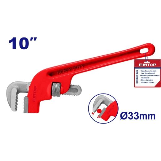 EMTOP 10-Inch Forged Pipe Wrench with 33mm Maximum Opening – Heavy-Duty Plumbing Tool for Gripping, Tightening and Loosening Pipes and Fittings, Ideal for Installation, Repair, Maintenance and Workshop Use