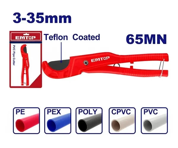 EMTOP Pipe Cutter 3-35mm EMPC54636: Teflon-Coated Blade for Plastic Pipes PVC PE PEX, Compact & Ergonomic Design for Plumbing & Repairs - Emtop