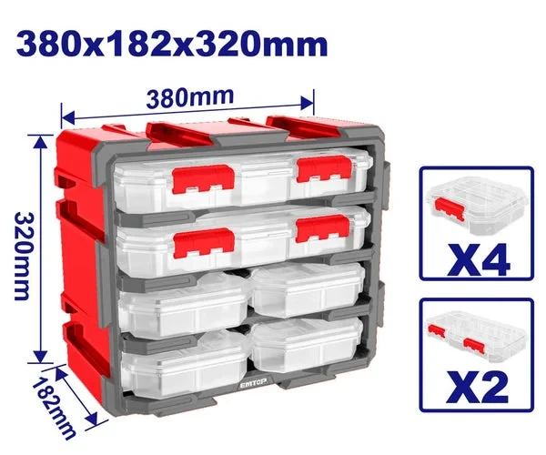EMTOP EMTB8346 6 Drawer Transparent Modular Plastic Tool Cabinet Stackable Vertically or Horizontally Wall Mountable Desktop Storage Organizer for Screws Bolts and Small Parts - Emtop