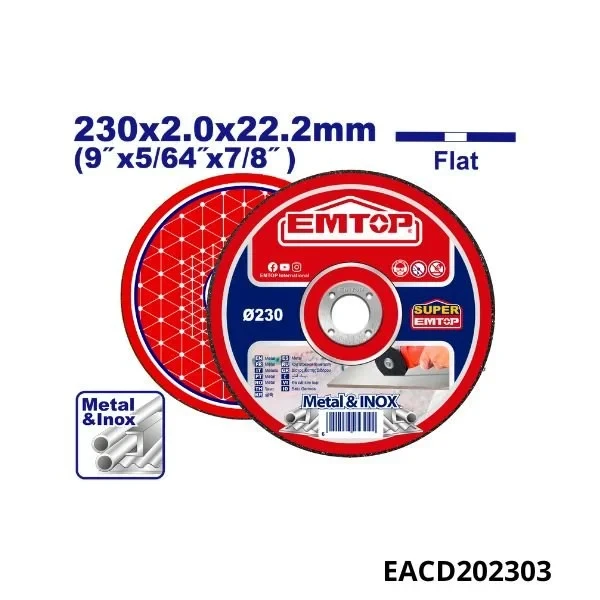 EMTOP EACD202303 230×2mm Metal & Stainless Steel Cutting Disc – Thin Cutting Wheel for Iron and Stainless Steel, Ideal for Angle Grinders, Workshop, Fabrication & Maintenance Applications - Emtop
