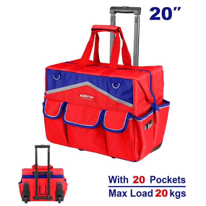 EMTOP EHRRTB2013 20 Inch Rolling Tool Bag Durable 1680D Polyester Construction Water Resistant Side Panels Rigid Frame and Wheels Supports Up to 20kg Load Capacity - Emtop
