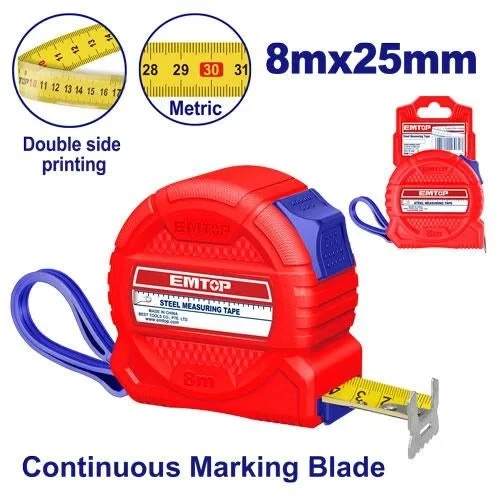 EMTOP 8m x 25mm Measuring Tape Heavy Duty Steel Blade Construction with Impact Resistant Casing and Manual Lock Mechanism Ideal for Professional Tradesmen and DIY Use - Emtop