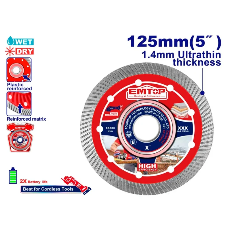EMTOP 125mm 1.4mm Ultrafine Diamond Mesh Cutting Disc for Tile – Precision Diamond Blade for Cutting Tile, Ceramic & Stone, Ideal for Construction, Installation & Finishing Applications - Emtop