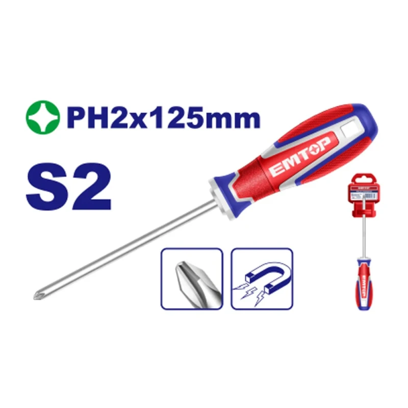 EMTOP ESDPH2125 PH2 Magnetic Phillips Screwdriver – S2 Steel Blade 125mm Long, 6.0mm Diameter, Durable Precision Screwdriver for Assembly, Repair, Maintenance, Workshop & DIY Applications - Emtop