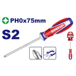 EMTOP Industrial PH0×75mm S2 Magnetic Phillips Screwdriver – Durable Precision Screwdriver with S2 Steel Blade and Magnetic Tip, Ideal for Assembly, Repair, Maintenance & Workshop Applications