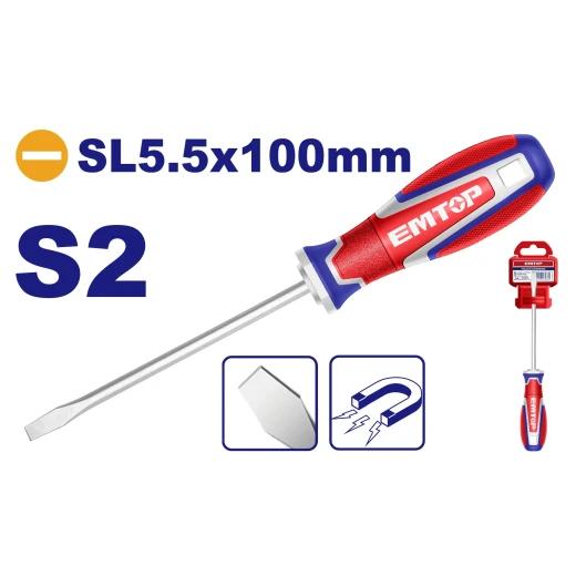 EMTOP Industrial Magnetic S2 Flathead Screwdriver PL5.5 × 100mm – Durable S2 Steel Blade with Magnetic Tip, Precision Hand Tool for Tightening & Loosening Screws, Ideal for Assembly, Repair, Maintenance & Workshop Applications EMTOP Industrial Magnetic S2 Flathead Screwdriver PL5.5 × 100mm – Durable S2 Steel Blade with Magnetic Tip, Precision Hand Tool for Tightening & Loosening Screws, Ideal for Assembly, Repair, Maintenance & Workshop Applications