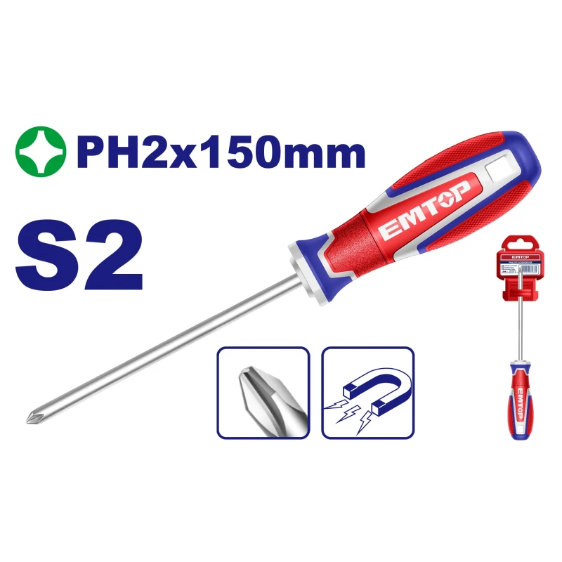 EMTOP ESDPH2150 Industrial PH2 × 150mm S2 Magnetic Screwdriver – Durable Precision Phillips Screwdriver for Assembly, Repair, Maintenance, Workshop & DIY Applications - Emtop