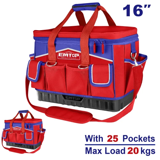 EMTOP ETBG48164 16 Inch 40cm Heavy Duty Tool Bag Durable 1680D Polyester Construction with 25 Pockets and 20kg Capacity Includes Adjustable Shoulder Strap EMTOP ETBG48164 16 Inch 40cm Heavy Duty Tool Bag Durable 1680D Polyester Construction with 25 Pockets and 20kg Capacity Includes Adjustable Shoulder Strap
