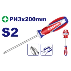 Emtop PH3 x 200mm Industrial Screwdriver with S2 Steel Blade, Magnetic Tip & Ergonomic Handle for Heavy-Duty Use
