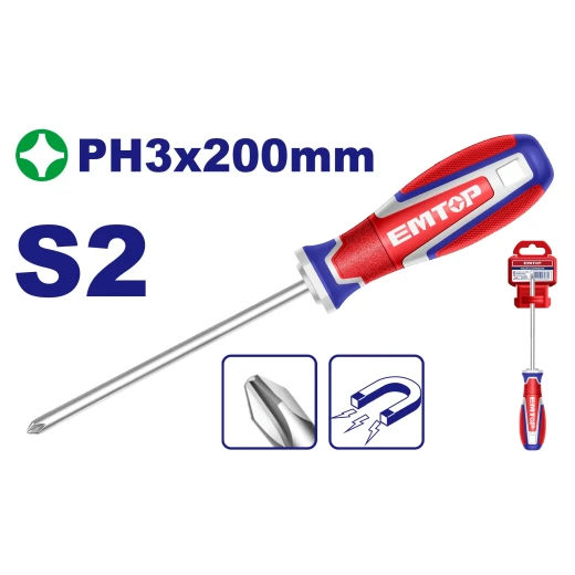 Emtop PH3 x 200mm Industrial Screwdriver with S2 Steel Blade, Magnetic Tip & Ergonomic Handle for Heavy-Duty Use Emtop PH3 x 200mm Industrial Screwdriver with S2 Steel Blade, Magnetic Tip & Ergonomic Handle for Heavy-Duty Use
