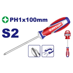 EMTOP Industrial PH1 Magnetic Phillips Screwdriver 100mm – S2 Steel Blade with Magnetic Tip, Durable Precision Hand Tool for Tightening and Loosening Screws, Ideal for Assembly, Repair, Maintenance, Workshop & DIY