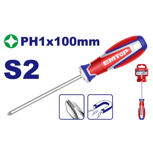 EMTOP Industrial PH1 Magnetic Phillips Screwdriver 100mm – S2 Steel Blade with Magnetic Tip, Durable Precision Hand Tool for Tightening and Loosening Screws, Ideal for Assembly, Repair, Maintenance, Workshop & DIY EMTOP Industrial PH1 Magnetic Phillips Screwdriver 100mm – S2 Steel Blade with Magnetic Tip, Durable Precision Hand Tool for Tightening and Loosening Screws, Ideal for Assembly, Repair, Maintenance, Workshop & DIY