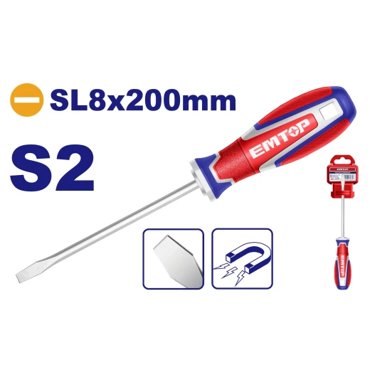Emtop Industrial S2 Magnetic Slotted Screwdriver PL8 x 200mm Emtop Industrial S2 Magnetic Slotted Screwdriver PL8 x 200mm