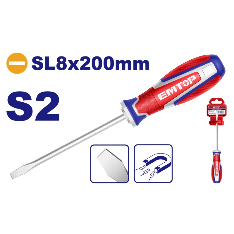 Emtop Industrial S2 Magnetic Slotted Screwdriver PL8 x 200mm - Emtop