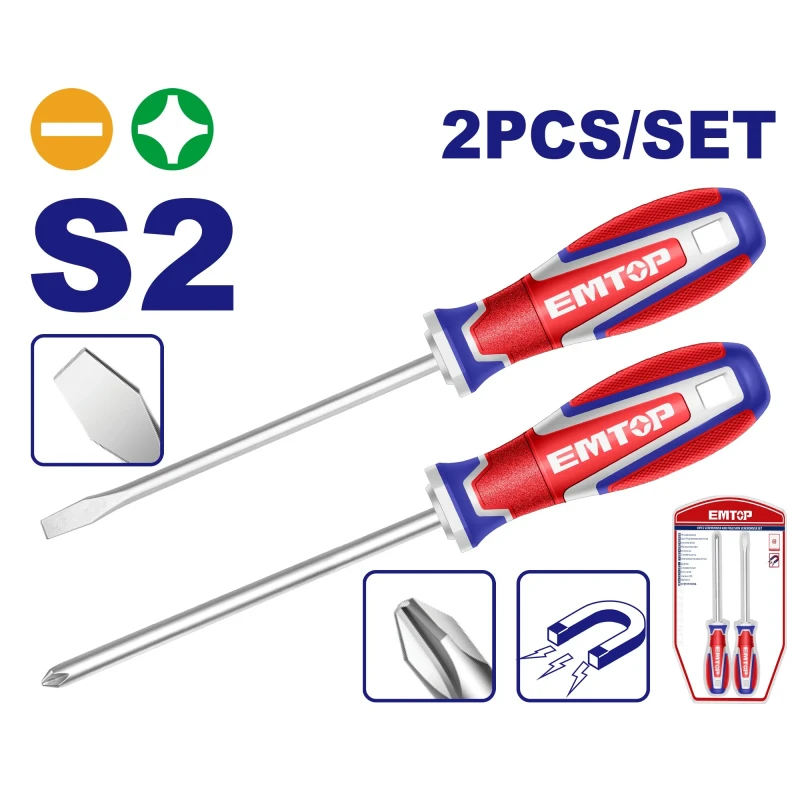 EMTOP ESST0221 2-Piece Industrial Magnetic Screwdriver Set – S2 Steel Slotted 6.5×125mm & Phillips PH2×125mm Screwdrivers, Durable Hand Tools for Assembly, Repair, Maintenance & Workshop Applications - Emtop
