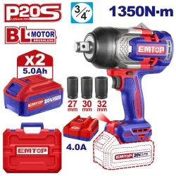 EMTOP 20V Brushless 3/4" 1350Nm Impact Wrench 2x 5Ah Batteries 2B5 ECIWL20135