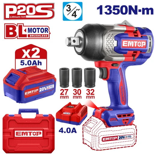 EMTOP 20V Brushless 3/4" 1350Nm Impact Wrench 2x 5Ah Batteries 2B5 ECIWL20135 EMTOP 20V Brushless 3/4" 1350Nm Impact Wrench 2x 5Ah Batteries 2B5 ECIWL20135