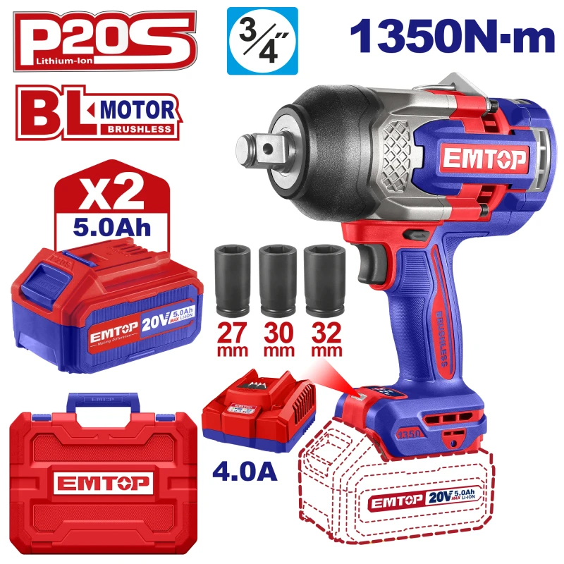 EMTOP 20V Brushless 3/4" 1350Nm Impact Wrench 2x 5Ah Batteries 2B5 ECIWL20135 - Emtop