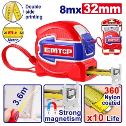 EMTOP 8m x 32mm Measuring Tape with Self-Locking Mechanism for Precise Measurements, Ideal for Professionals & DIYers (Metric)
