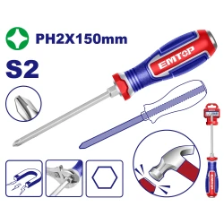 EMTOP EGTPH21501 Industrial Go-Through PH2 Magnetic Screwdriver 150mm – S2 Steel Heavy-Duty Phillips Screwdriver for Tightening & Loosening Screws, Ideal for Assembly, Repair, Maintenance & Workshop Applications