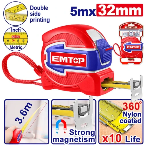EMTOP Metro Flexible 5M X 32mm Nylon Blade Double Print Double Magnetic Hook EMTOP Metro Flexible 5M X 32mm Nylon Blade Double Print Double Magnetic Hook
