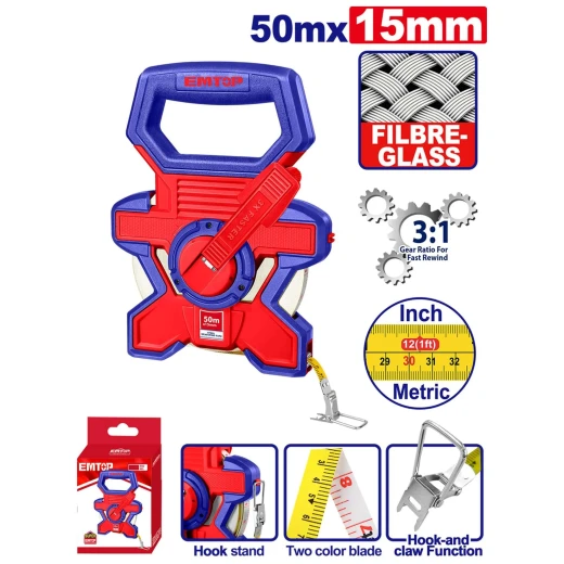 50m x 15mm Fiberglass Long Measuring Tape Heavy Duty Fiberglass Construction with Fast 3 to 1 Gear Rewind System and Dual Scale Metric Inch Markings in Protective Rubber Casing Ideal for Surveying and Construction 50m x 15mm Fiberglass Long Measuring Tape Heavy Duty Fiberglass Construction with Fast 3 to 1 Gear Rewind System and Dual Scale Metric Inch Markings in Protective Rubber Casing Ideal for Surveying and Construction