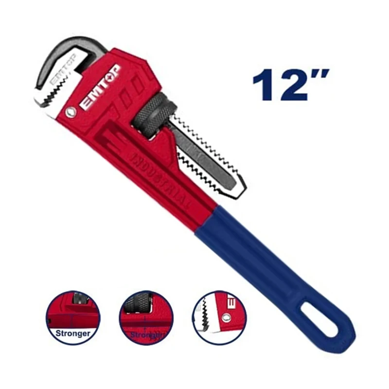EMTOP EPWH1201 12-Inch 300mm Industrial Pipe Wrench with 42mm Maximum Opening, Black – Heavy-Duty Plumbing Tool for Gripping, Tightening & Loosening Pipes and Fittings, Ideal for Installation, Repair & Maintenance - Emtop