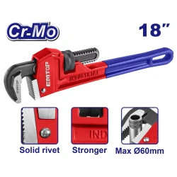 EMTOP EPWH1801 18-Inch 450mm Industrial Pipe Wrench, 60mm Maximum Opening, Carbon Steel & Ductile Iron, Black – Heavy-Duty Plumbing Tool for Gripping, Tightening & Loosening Pipes and Fittings