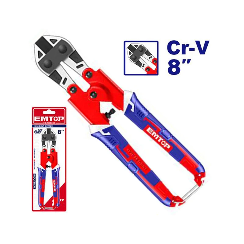 EMTOP EBCR0801 8-Inch 200mm Mini Industrial Cr-V Bolt Cutter with TPR Handle – Compact Heavy-Duty Cutting Tool with Black & Polished Finish, Ideal for Cutting Wires, Metal Rods, Workshop & Maintenance Applications - Emtop