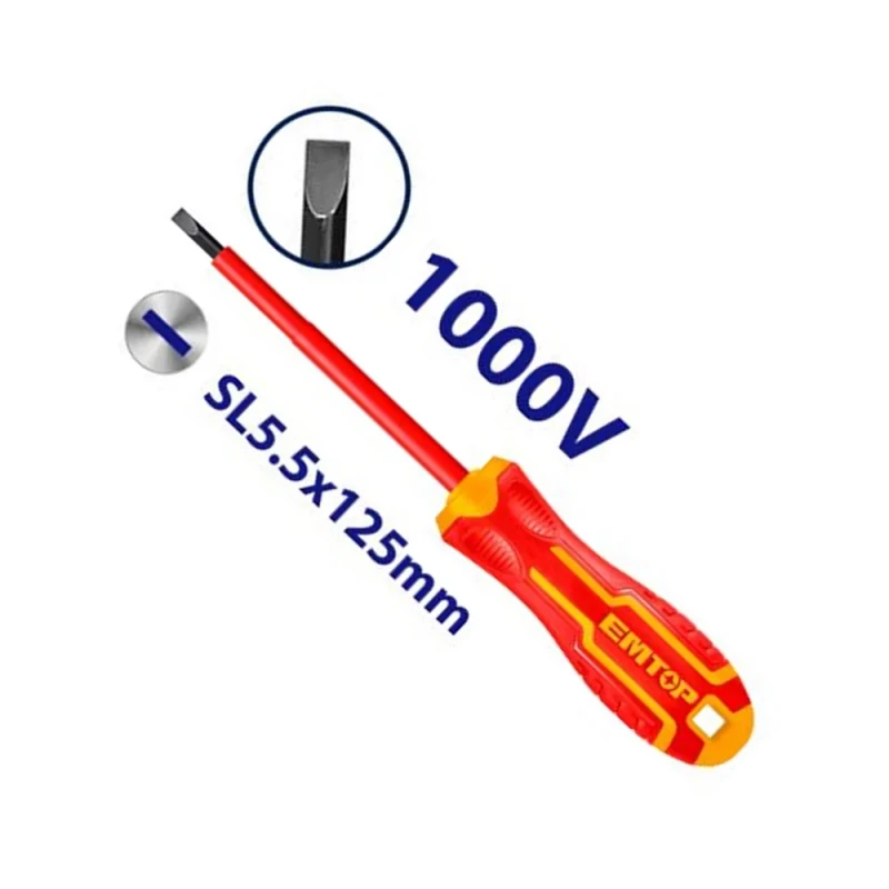EMTOP ESDRJ5125 1000V Industrial 5.5×125mm Screwdriver – Insulated Slotted Screwdriver with Cr-V Steel Blade, Durable & Safe for Electrical Work, Assembly, Maintenance & Workshop Applications - Emtop