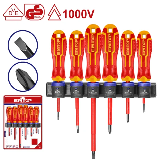 EMTOP ESSTJS061 6-Piece 1000V Industrial Screwdriver Set – Flat & Phillips Cr-V Steel Insulated Screwdrivers, Durable Hand Tools for Electrical Work, Assembly, Maintenance & Workshop Applications EMTOP ESSTJS061 6-Piece 1000V Industrial Screwdriver Set – Flat & Phillips Cr-V Steel Insulated Screwdrivers, Durable Hand Tools for Electrical Work, Assembly, Maintenance & Workshop Applications