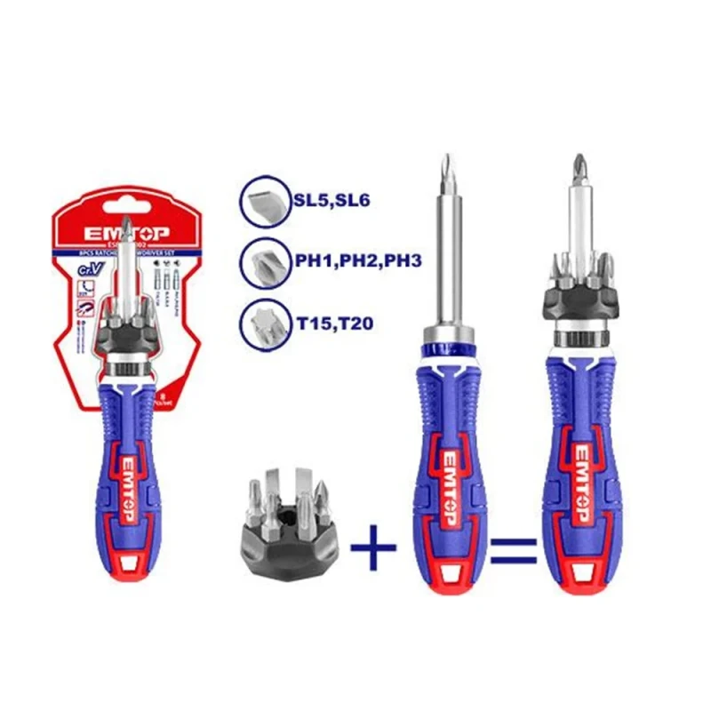 EMTOP ESDRH0802 8-Piece Ratchet Screwdriver Set – Durable Multi-Purpose Screwdriver Kit with Ratchet Handle for Tightening & Loosening Screws, Ideal for Assembly, Repair, Maintenance, Workshop & DIY Applications - Emtop