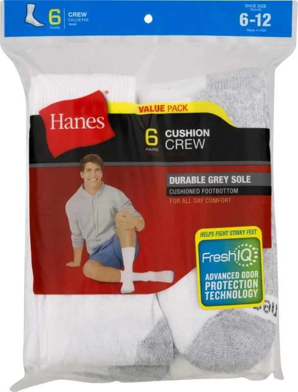 Hanes Cushion Crew Socks Shoe Size 6-12 6 PR Grey - Hanes
