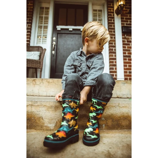 Western Chief Girls Waterproof Printed Rain Boot with Easy Pull On Handles – Dino World Size: 2 Little Kid - Western Chief - Image 2